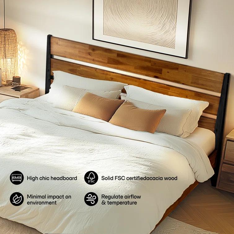 Acacia Acacia Premium Emery Solid Wood Platform Bed Frame with Headboard Included, No Box Spring Needed, Weight Capacity 800lb.