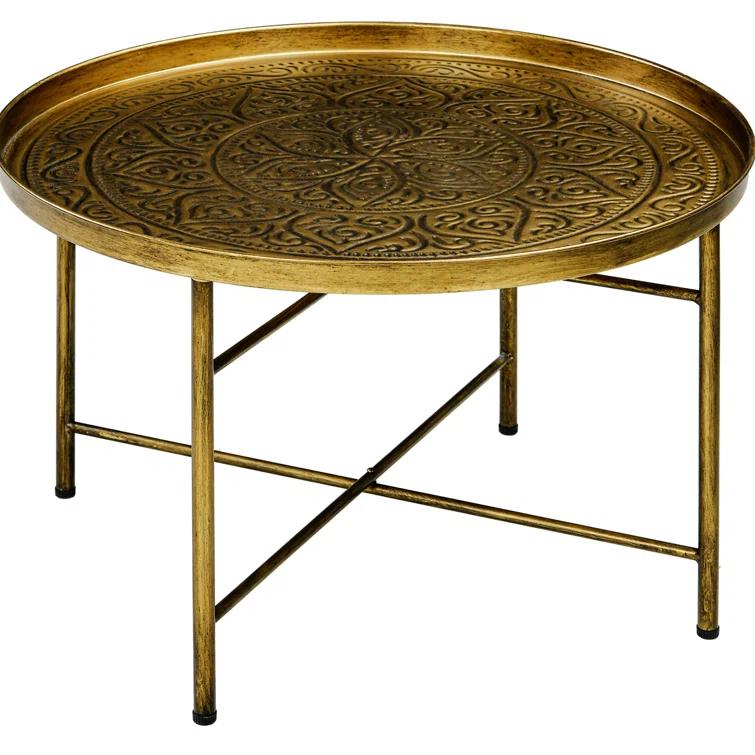 Dakota Fields 24" Round Coffee Table with Hammered Tray Top & Metal Frame, Gold
