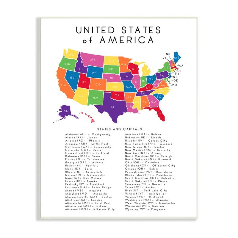 Stupell Industries " USA Map State Abbreviations And Capitals Playful Tones " by Anna Quach