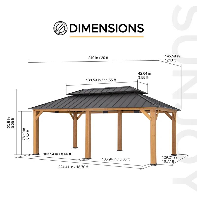 Sunjoy Sunjoy 12x20 ft. Wood Gazebo, Outdoor Patio Steel Hardtop Gazebo with 2-tier Metal Roof, Suitable for Patios, Lawn and Backyard, Matte Black Roof