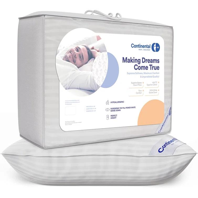 Continental Mfg. Co. Superior Down 700 Fill Power Hungarian White Goose Down Pillow, 2 Pack (Set of 2)