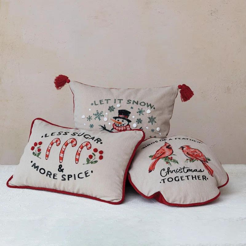 Creative Co-Op Round Cotton Printed Pillow With Cardinals, Embroidery And Corduroy Back "Birds Of A Feather, Christmas Together"