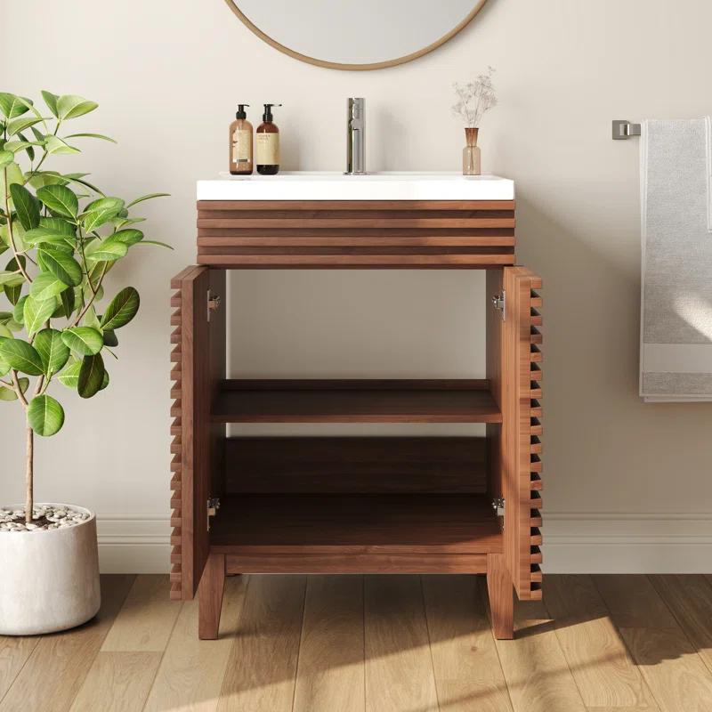 DeerValley  Cove 24" Bathroom Vanity with Ceramic Sink Top, Fully Assembled Mid-Century Wood Bathroom Cabinet Walnut & Reviews | Wayfair