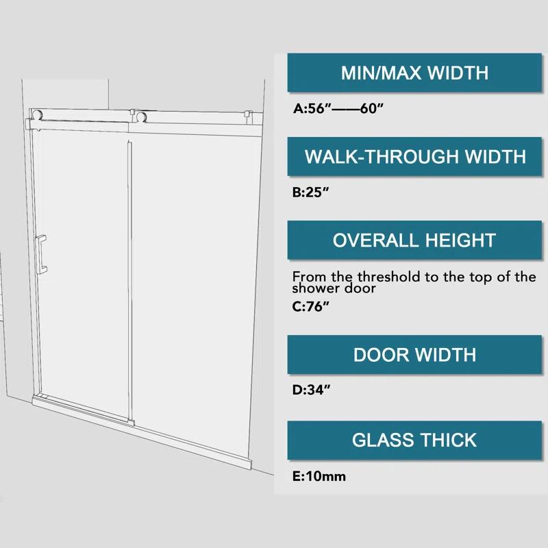 Staykiwi 60'' - W x 76'' H Single Sliding Door Frameless Shower Door with SKBTSD0160MB