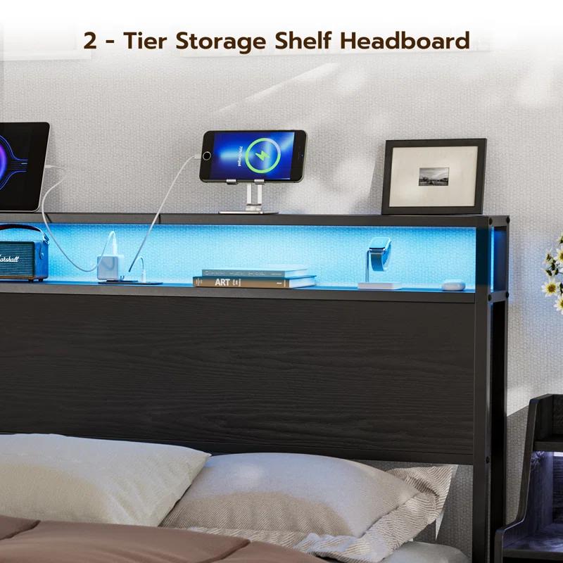 Ivy Bronx Kaiwei Storage Headboard With Led Lights & Charging Station - Industrial Metal And Wood
