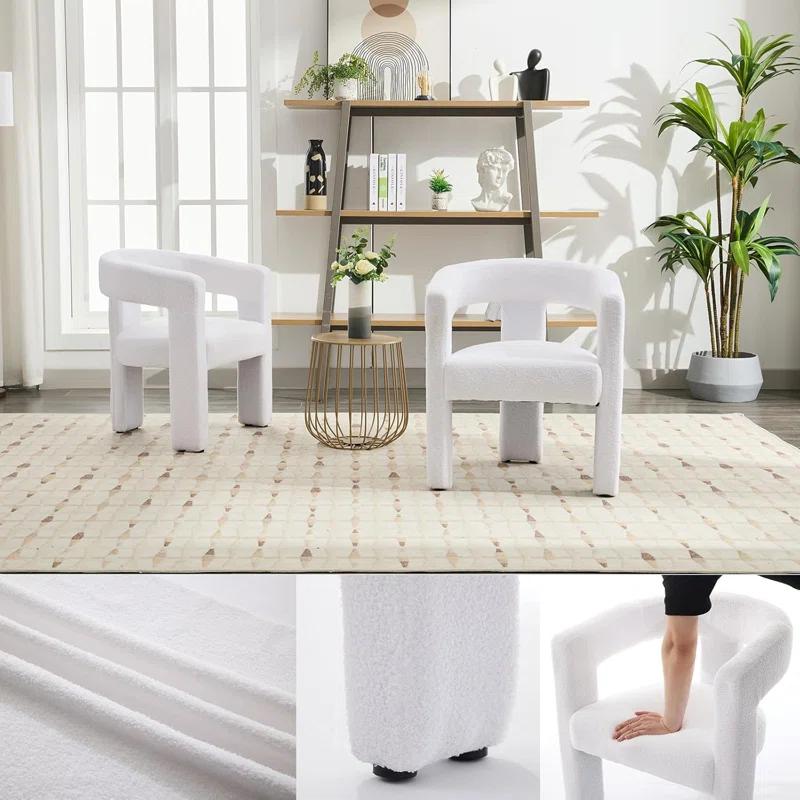Modern Barrel Dining Chair – Upholstered Accent Side Chair With Arms, Comfy Makeup Vanity Chair, Versatile Dining Chair For Living Room And Kitchen, Sherpa Fabric (1, White)
