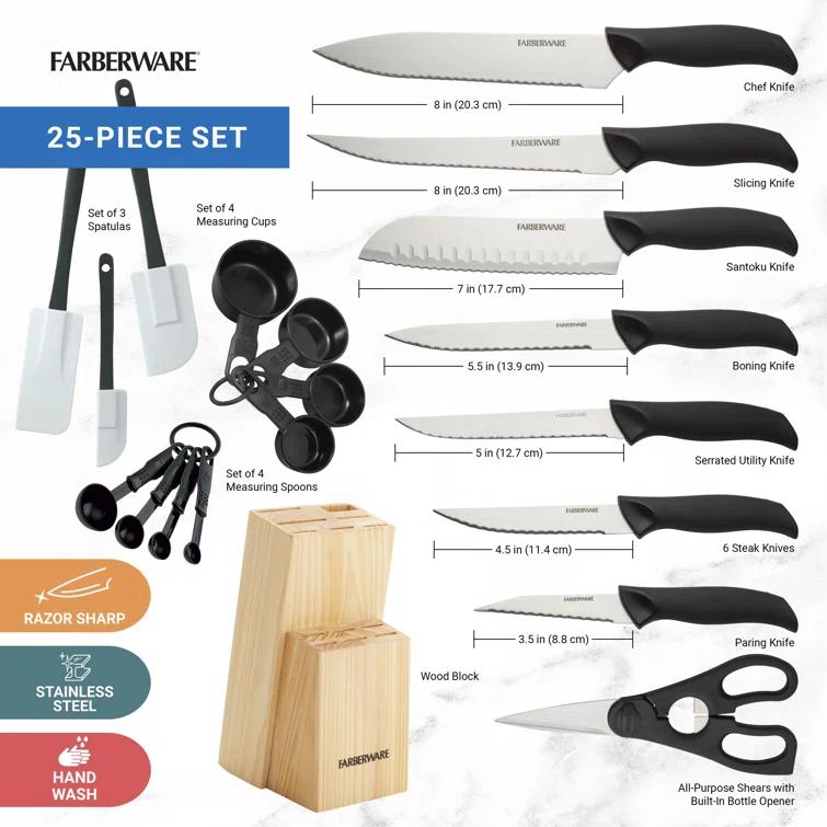 Farberware Faberware 25-Piece Knife Block Set With Soft Grip Handles, Measuring Cups, Spoons & Spatulas