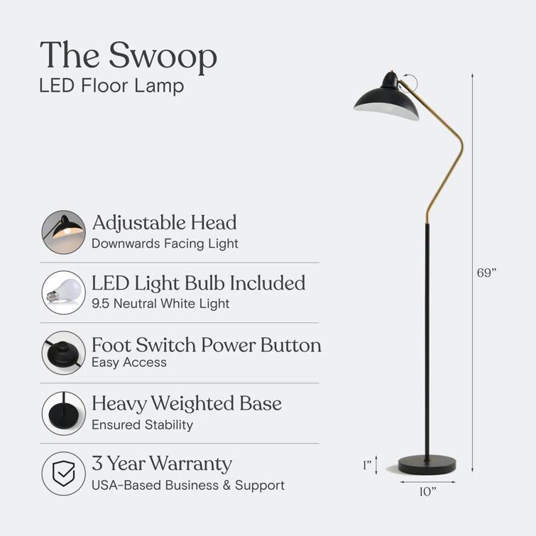 Brightech Swoop 69 in. Modern LED Adjustable Floor Lamp with Black Metal Bowl Shade and Gold Accent, Bulb Included