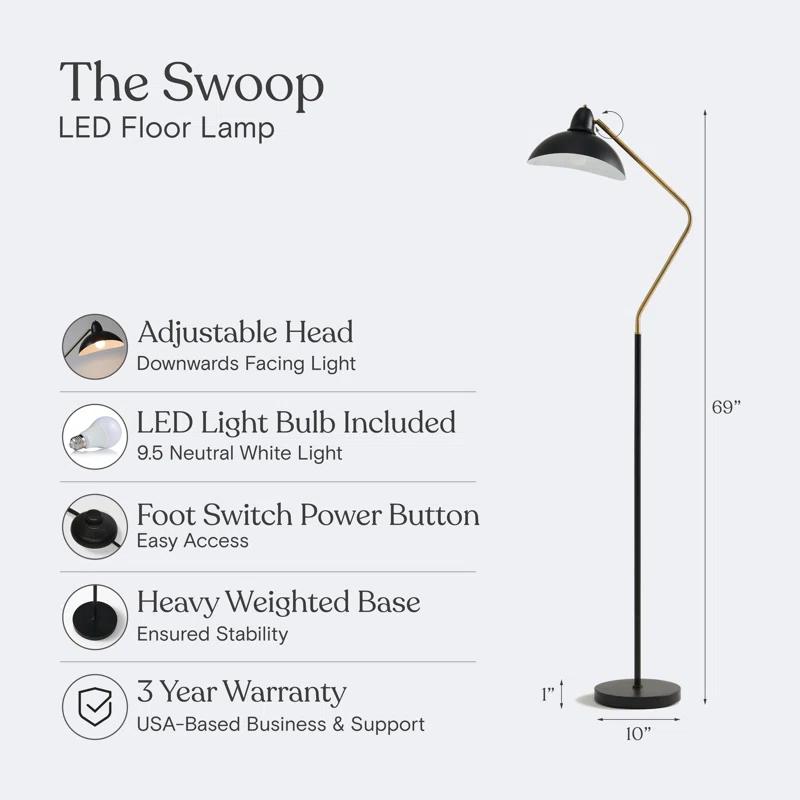Brightech Swoop 69 in. Mid Century Modern Adjustable Curved Black Standing Lamp with Metal Bowl Shade and Gold Finish - LED Bulb Included