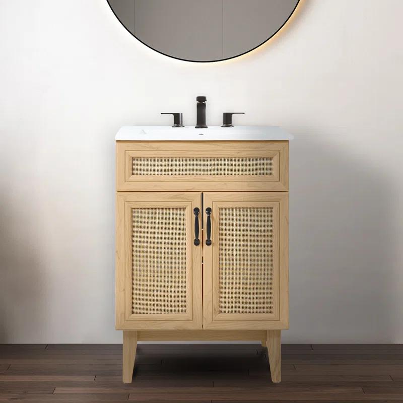 Javer 24" Rattan Modern Farmhouse 2-Shelf Bath Vanity Cabinet Only (Sink Basin not Included)