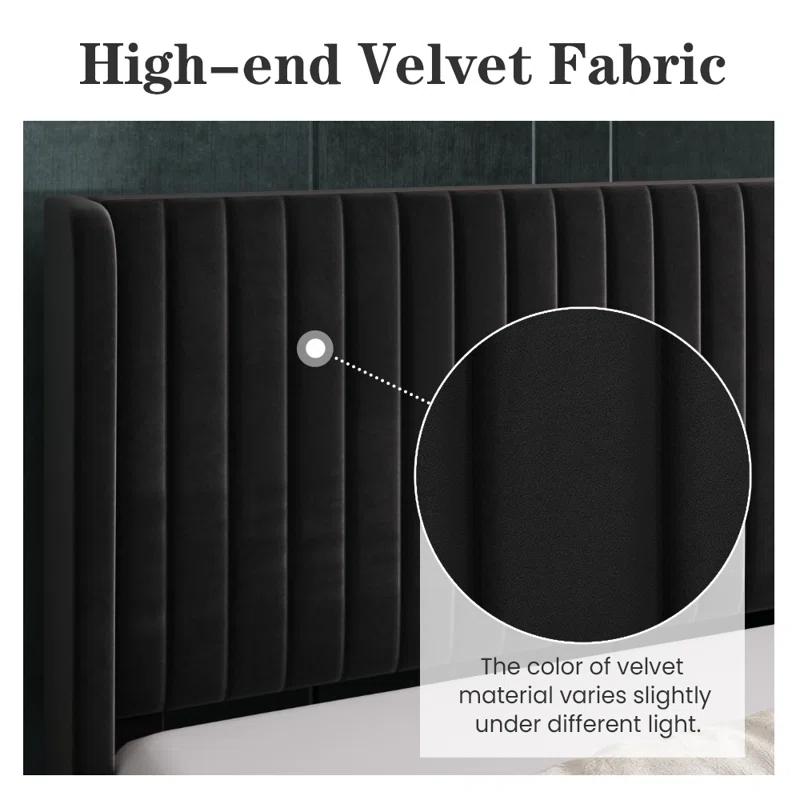 Candler Velvet Upholstered Platform Bed with Wingback Headboard and Wooden Slats