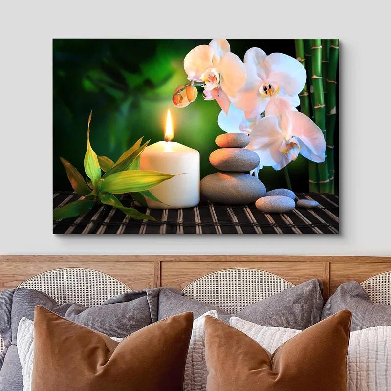 IDEA4WALL Zen Stones Relaxing Candle White Orchid Massage Stone Bamboo Forest Nature Yoga On Canvas Print