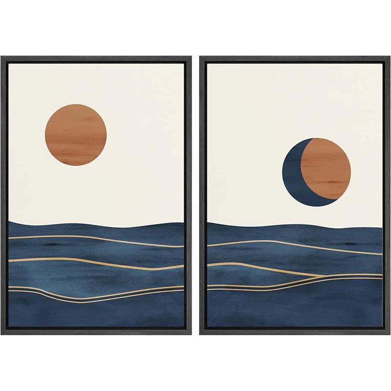 Sun And Moon " Abstract Sun Over Blue Watercolor Ocean Waves Modern Minimalist Landscape " 2 - Pieces