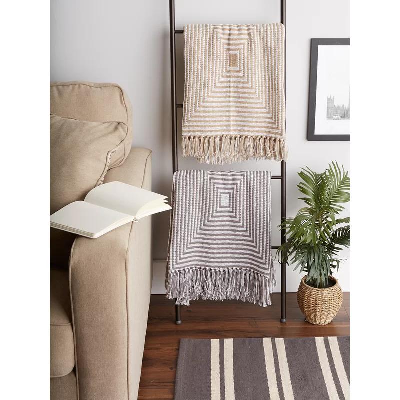 Gray Cotton Geometric Fringe Throw Blanket