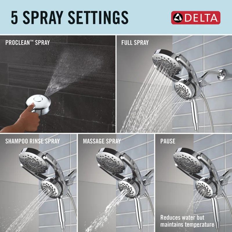 Delta 75419 5-Setting HydroRain 2-in-1 Dual Shower Head with ProClean Spray