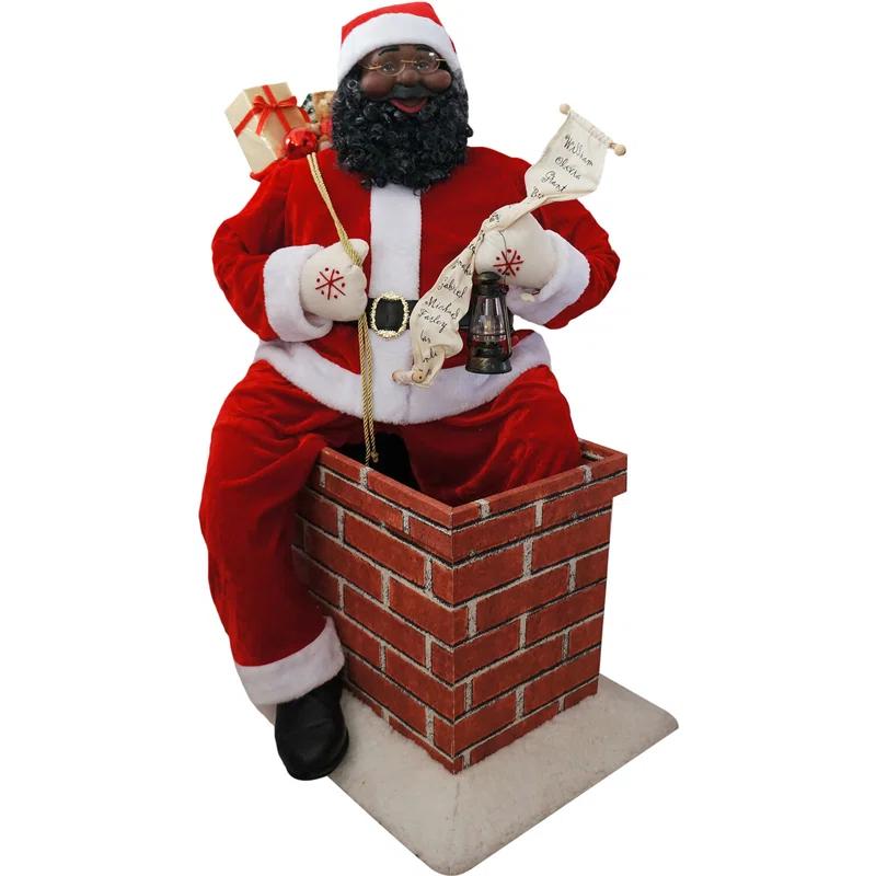 Fraser Hill Farm 48" Music and Motion African American Santa Claus in the Chimney, Life-Size Christmas Holiday Indoor Home Decor