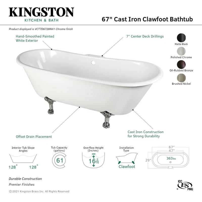 Kingston Brass Aqua Eden 67-Inch Cast Iron Oval Double Slipper Clawfoot Tub (7-Inch Faucet Drillings)