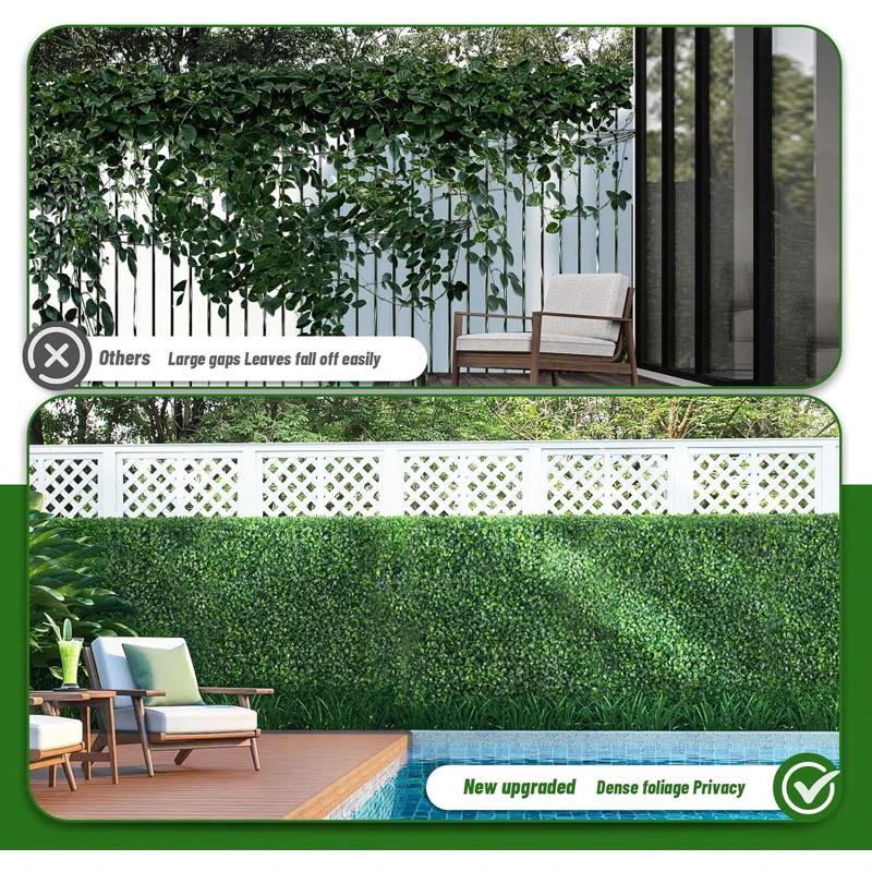 Tianqi Artificial Boxwood Plant Hedge, Green Grass Backdrop, Indoor and Outdoor Use (Set of 12)