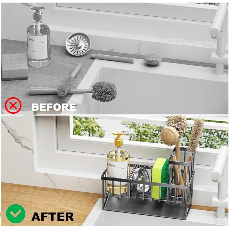 WKING Stainless Steel Kitchen Sink Caddy Organizer With Draining Tray, Rustproof Sponge Holder For Sink, Adjustable Compartments, Space-Saving Design