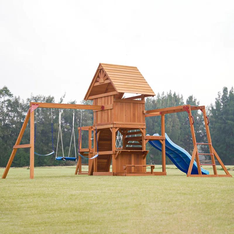 Dolphin Playground Dolphin Playground Luxury Cedar Playground Set: Double Wave Slide, 2-in-1 Table, Monkey Bars, Balance Beam, 3 Swings, Large Rock Wall, Wood Roof