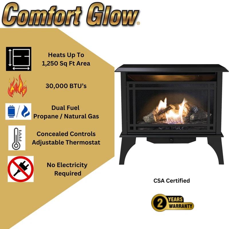 Comfort Glow Comfort Glow 30,000 BTU Ventless Gas Stove The Monterey, Dual Fuel (LP/NG), Concealed Controls, Adjustable Thermostat, Realistic Oak Log Set, Heats 1,250 Sq Ft- Gas Stove for Indoor Use