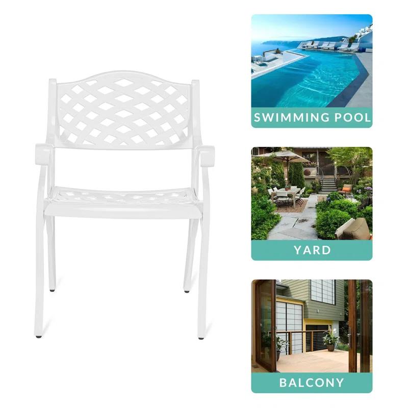 One Allium Way® 2 Piece Patio Dining Chairs, Outdoor All-Weather Cast Aluminum Chairs, Patio Bistro Dining Chair Set Of 2 For Garden Deck Backyard, Lattice Weave Design, White