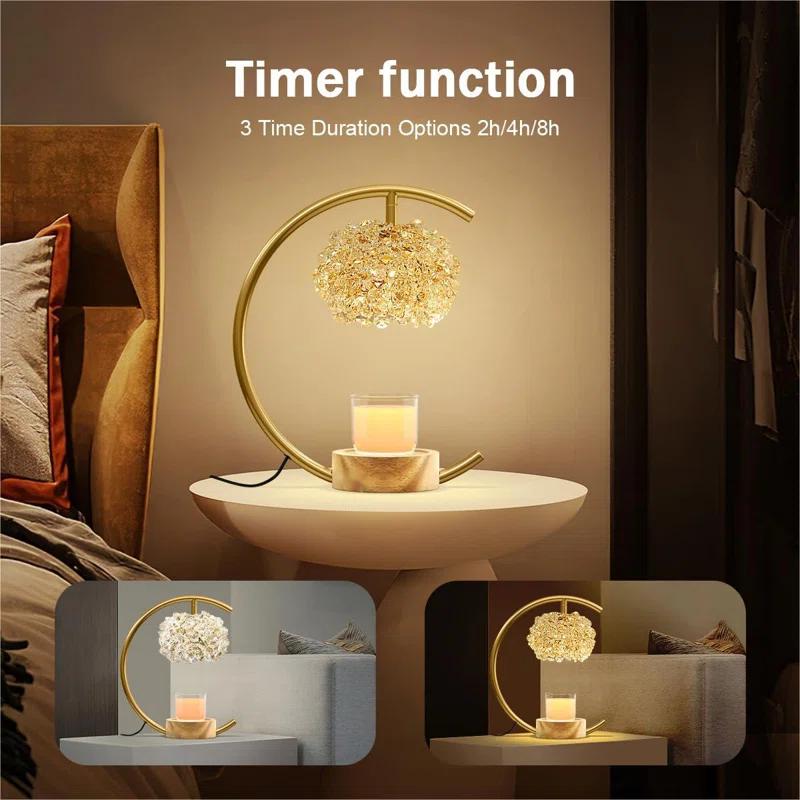 Rosdorf Park Gold Candle Warmer Lamp For Jar Candles With Adjustable Brightness&Timer,Handcrafted Crystal&Wooden Base,Candle Lamp Luxurious Design+2Bulbs,Home Decoration Electric Candle Lamp(C-Shaped)