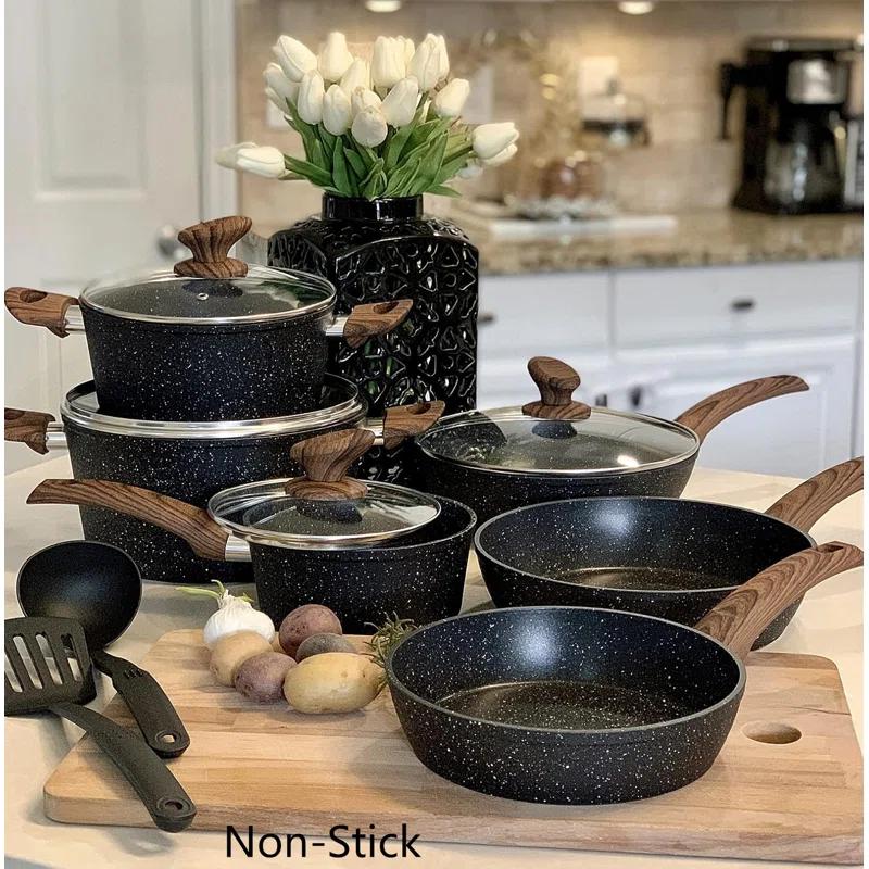 BN-LINKKL Kitchen Academy Induction Cookware Sets - 12 Piece Cooking Pan Set, Granite Black Nonstick Pots And Pans Set