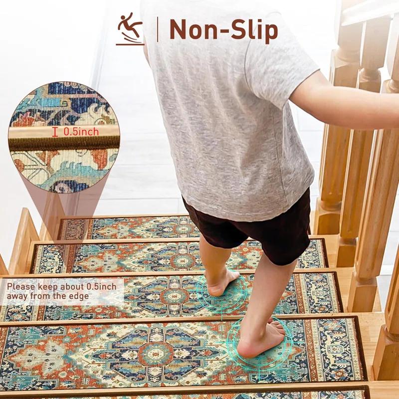 Bungalow Rose Stair Treads For Wooden Steps Indoor, 15 Pack 8" X 30" Non Slip Carpet Stair Treads With Reusable Adhesive For Kids Elders And Dogs, TPR Backing Stair Rugs Oriental Staircase Step Treads,Bohemia