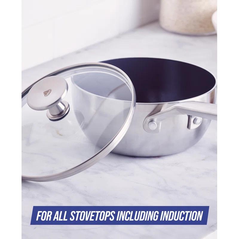 Blue Diamond Blue Diamond Cookware Tri-Ply Stainless Steel Ceramic Nonstick, 2.5QT Chef Saute Pan With Lid, PFAS-Free, Multi Clad, Induction, Dishwasher Safe, Oven Safe, Silver