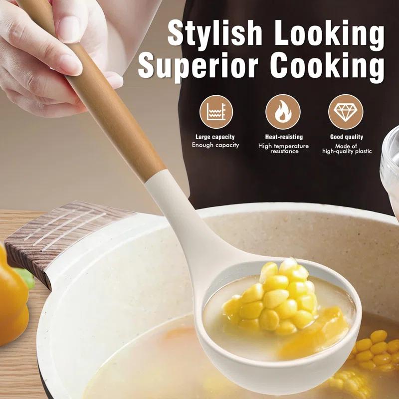 FAST APPLIANCES LLC Silicone Cooking Utensils Set - Silicone Kitchen Utensils For Cooking Wooden Handles, 446°F Heat Resistant Kitchen Utensil Spatula Sets W Holder, Gadgets For Non-Stick Cookware BPA FREE (Cream White)