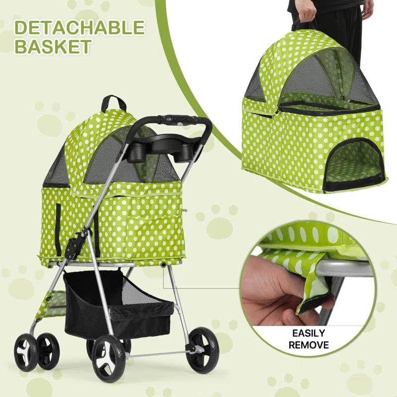 3-In-1 Pet Stroller Foldable Pet Stroller With Weather Cover Storage Basket For Dog Cat
