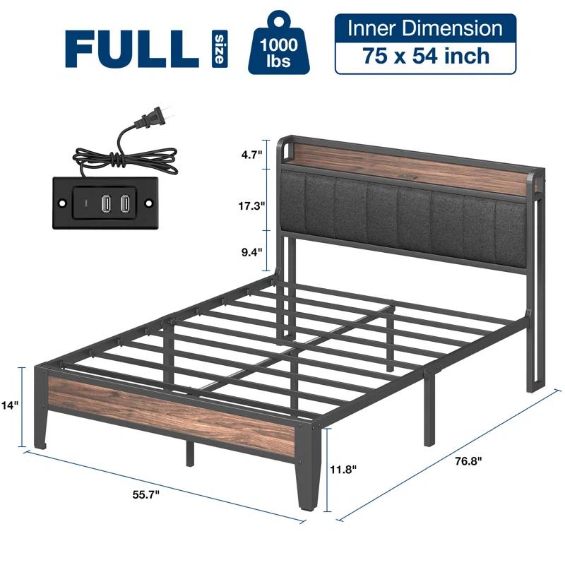 Ebern Designs Upholstered Bed Frame with Charging Station and Storage Headboard