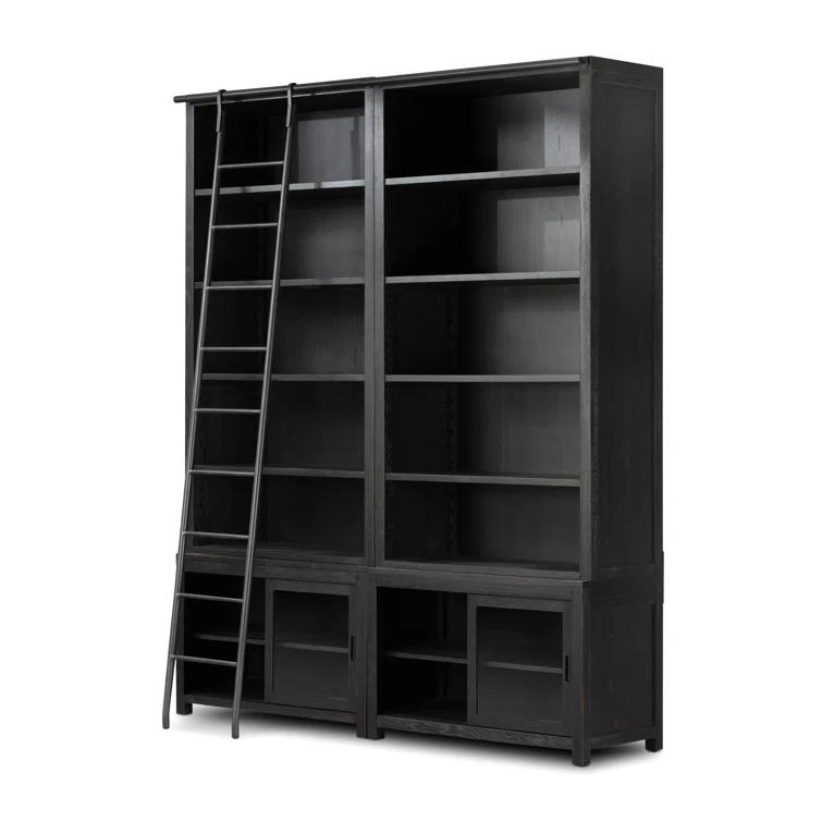 Worn Black Oak Double Bookcase with Iron Ladder