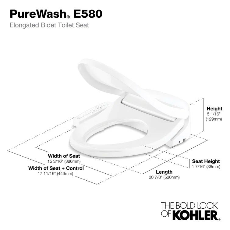 Kohler Purewash E580 Elongated Bidet Toilet Seat K-32330-0