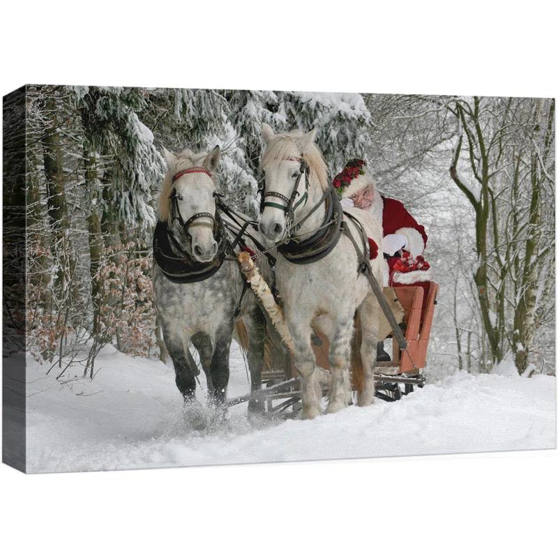 IDEA4WALL Christmas Holiday Celebration Winter Snow Forest Signs Santa Claus Riding Horses Pictures Canvas Print Large Wall Art