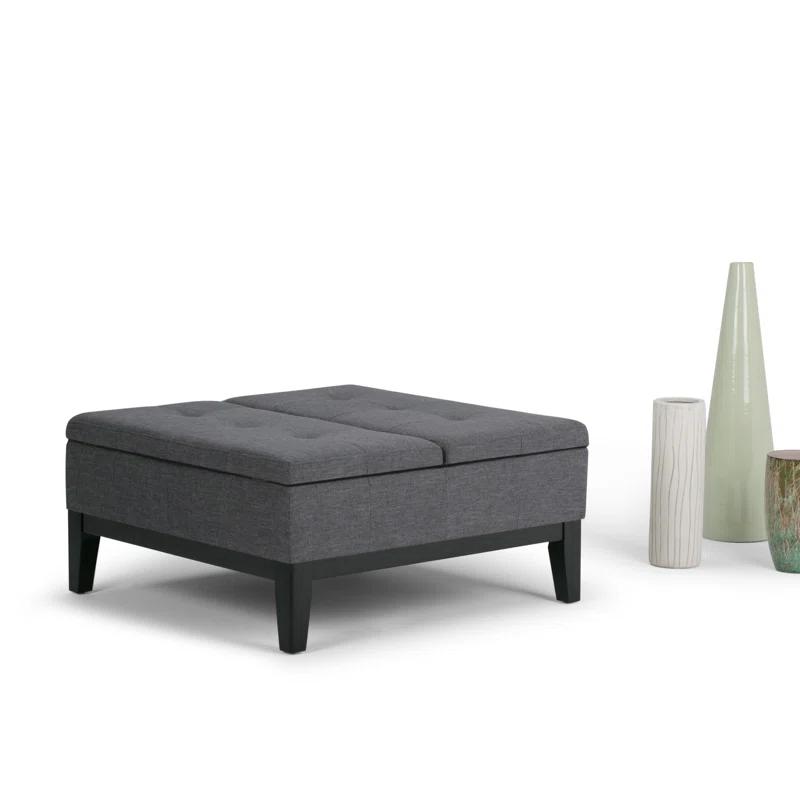 Simpli Home Dover 36"W Upholstered Square Coffee Table Storage Ottoman with Split Tufted Lift Top