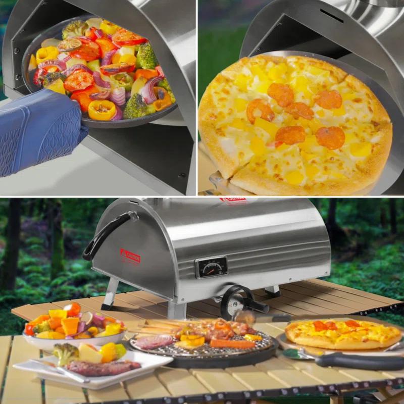 Builddecor Silver Pizza Oven Outdoor 12" Semi-Automatic Rotatable Pizza Ovens Portable Stainless Steel Wood Fired Pizza Oven Pizza Maker With Built-In Thermometer Pizza Cutter Carry Bag