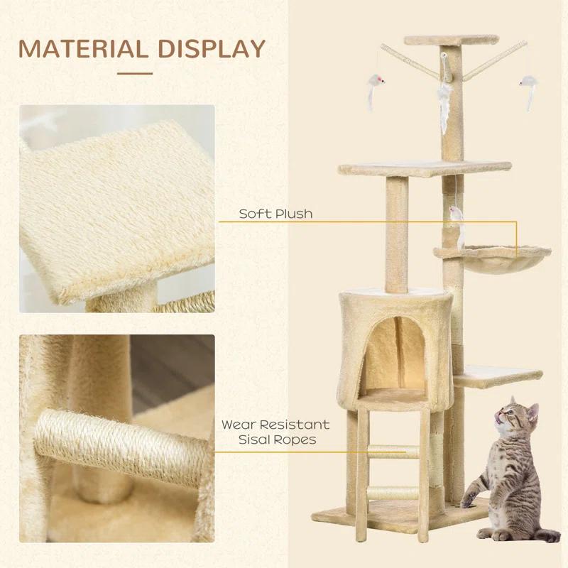 Tucker Murphy Pet™ 53" Plush Sturdy Interactive Cat Condo Tower Scratching Post Activity Tree House - Beige