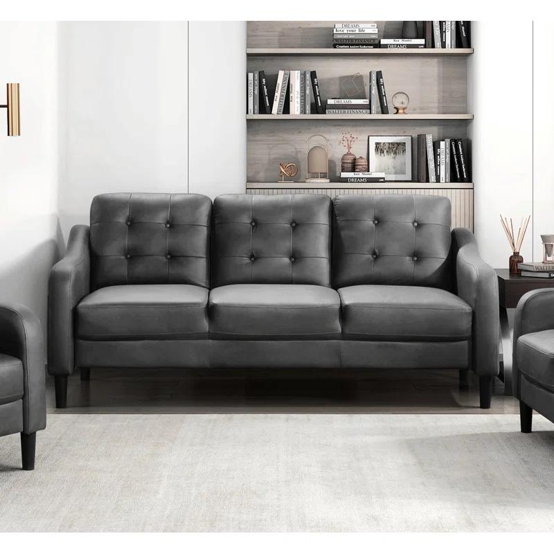 Lark Manor™ Gray Polished Microfiber Upholstered 1Pc Sofa Button Tufted Contoured Arms Solid Wood Frame Couch Casual Living Room Furniture