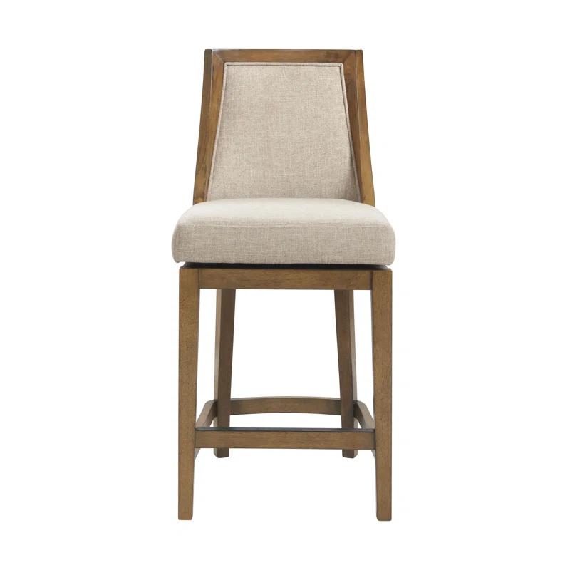 Alaterre Ellie Bar Height Stool, Back, Swivel Seat, Brown, Upholstered Padded Seat, Rubberwood Frame, Steel Memory Return Mechanism, Dimensions 19 in. W x 22 in. D x 46 in. H, Footrest, Metal Kick Plate