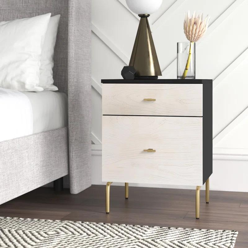 Ivy Bronx Elegant Linaris 18'' W Nightstand – Mid-Century Modern Rustic 2-Drawer Wood Table with Gold Handles