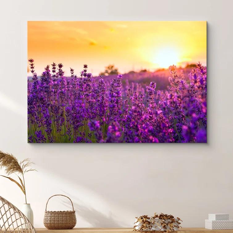 IDEA4WALL Flower Blossom " Lavender Flower Field At Sunset Floral Plants Photography Modern Art Rustic "