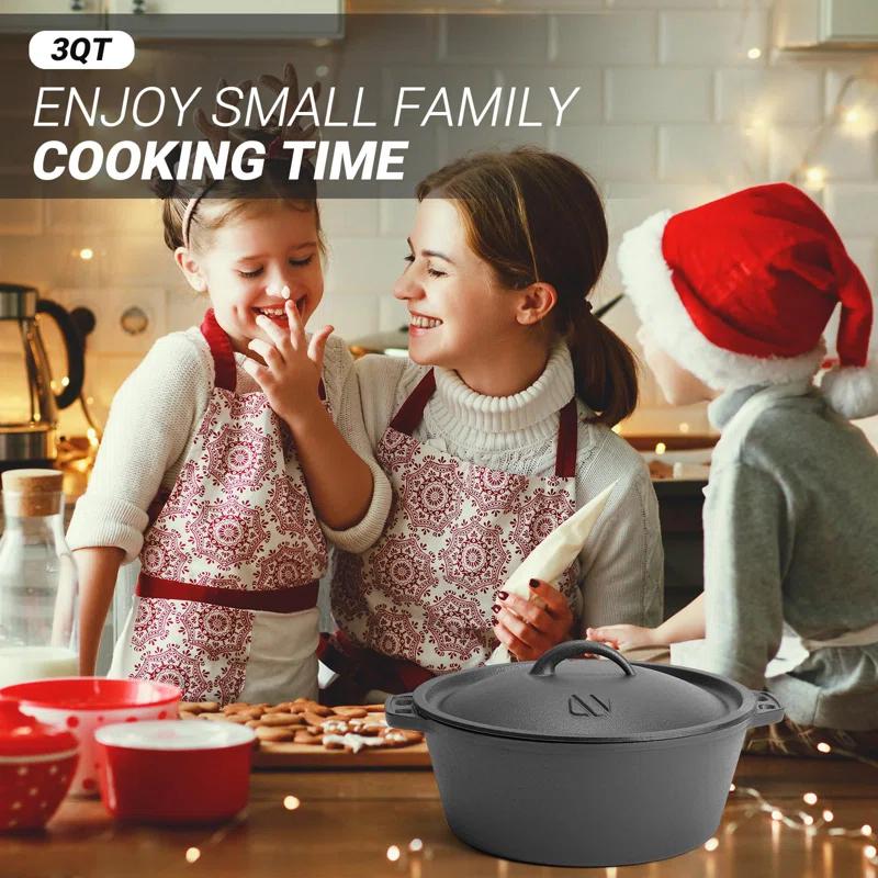 shuoli Pre-Seasoned Cast Iron Dutch Oven Pot With Lid, For Braising, Broiling, Frying, Sourdough Bread Baking, Camping Cookware, BBQ,3 Quart Pan