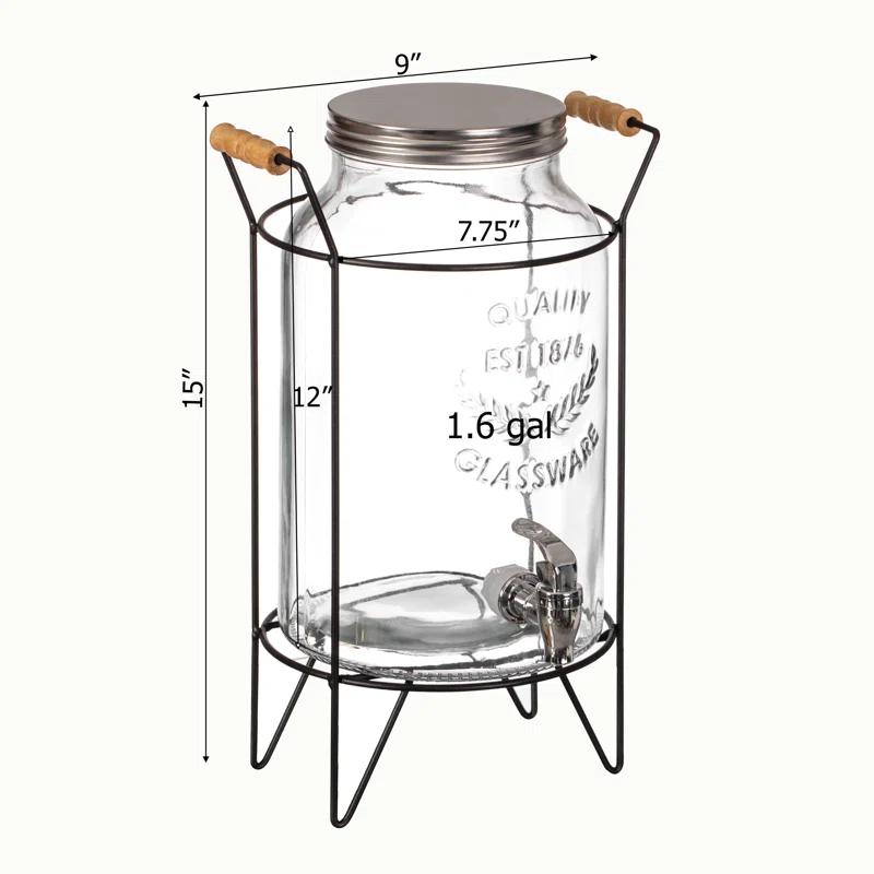 Basicwise Basicwise 1.6-gallon Glass Drink Dispenser With Stainless Steel Spigot – Water And Juice Container, Lemonade Stand, Beverage Dispenser For Parties, Weddings, Birthdays, And Family Business Meetings