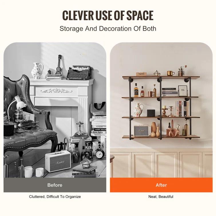 17 Stories Industrial Pipe Shelf 4 Tier 3PCS 11.8in W Wall-Mount Planks NOT Included