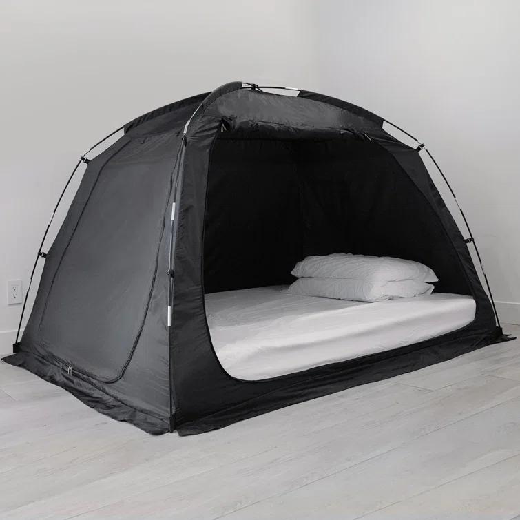 EighteenTek Bed Tent Canopy With Light Strip - Pop Up Privacy Sleeping Tent with 2 Doors, Light Reducing & Breathable Design, Portable Frame, Black