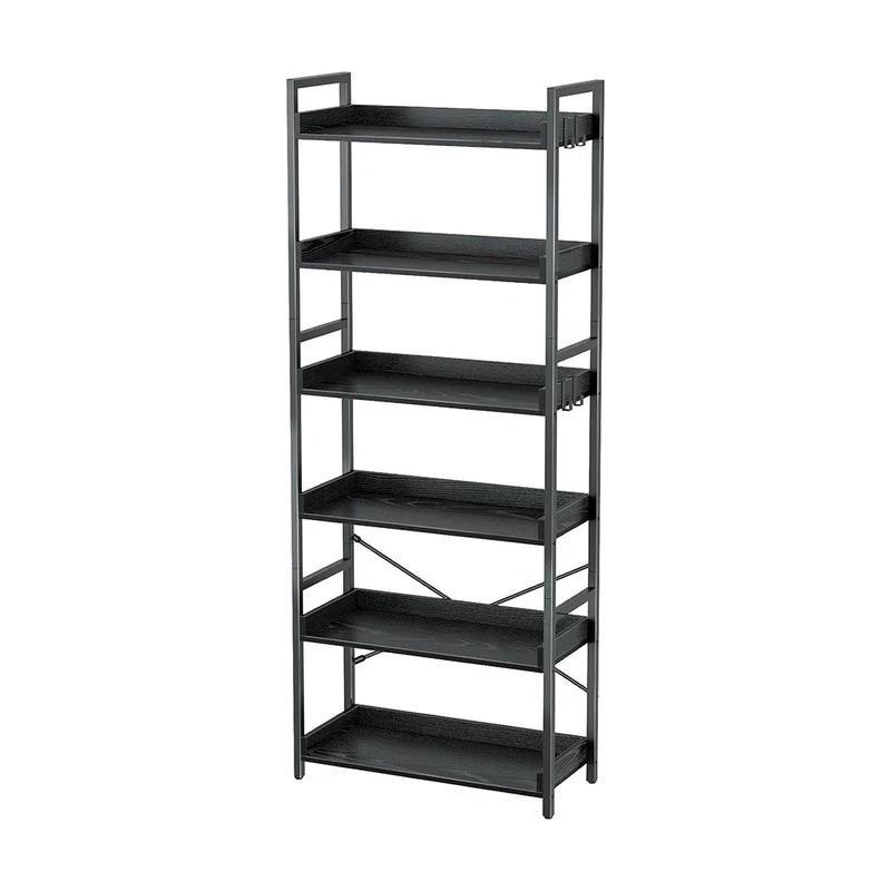 Bookshelf 6 Tier with 4 Hooks, Industrial Bookcase, Vintage Storage Rack with Open Shelves