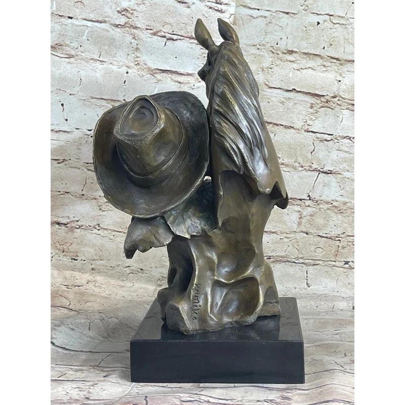 Canora Grey Thailan Western Art Old West Cowboy With Horse Bronze Bust Sculpture Marble Statue Decor