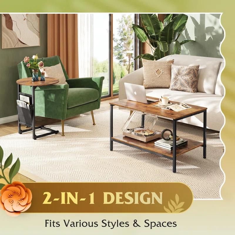 17 Stories Coffee Table, 31.3" And 18.7" Small Coffee Tables For Living Room, Modern Center Table And Side Table Set With Storage Side Pouch For Bedroom, Apartment, Rustic Brown